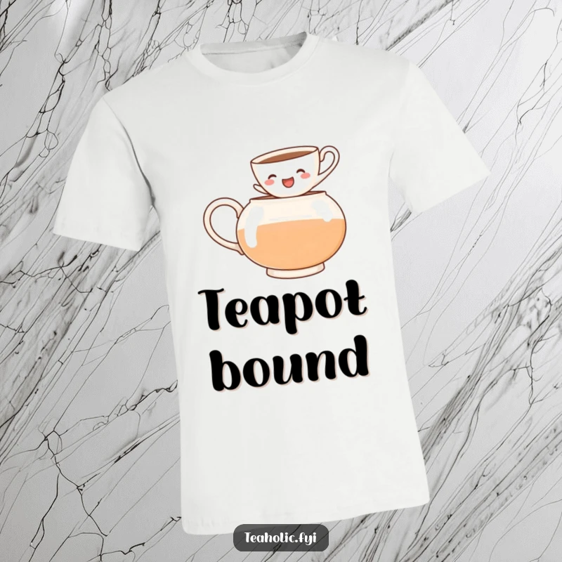 Funny t-shirt featuring a happy teacup character taking a leap into a steaming teapot, capturing a moment of pure glee.
