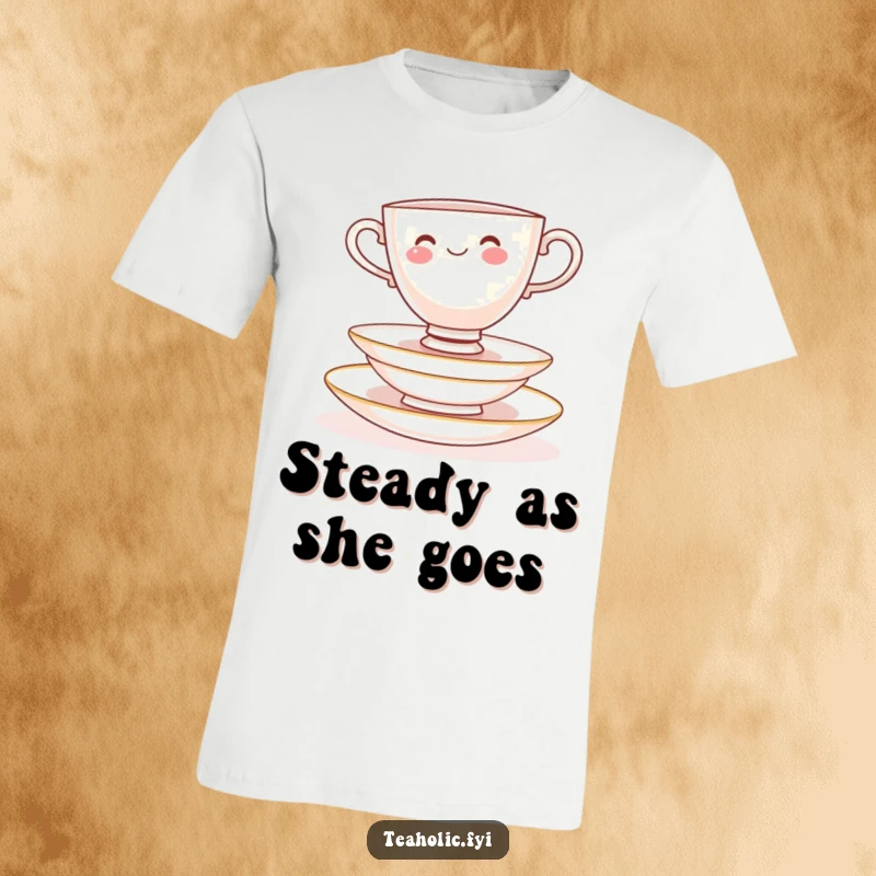 Funny T-Shirt: Cheerful teacup character balancing on delicate saucers, whimsical and a great conversation starter.