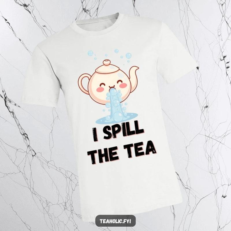 Funny T-shirt featuring a happy teapot character overflowing with a generous cascade of shimmering bubbles, pure bubbly fun.
