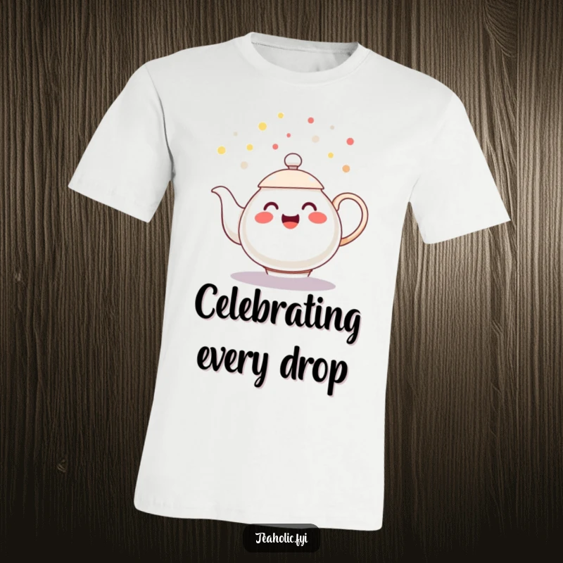 Funny t-shirt featuring a cheerful teapot character spilling playful tea droplets like confetti, a festive funny gift.