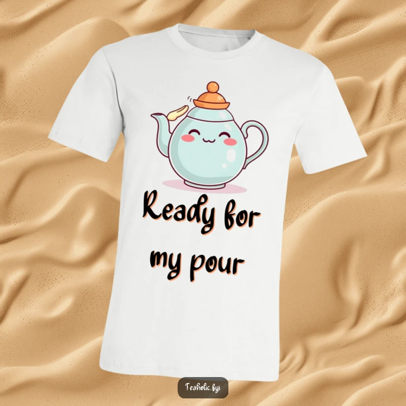 Funny teapot t-shirt featuring a character in a tiny hat saluting proudly, a heroic and funny gift.