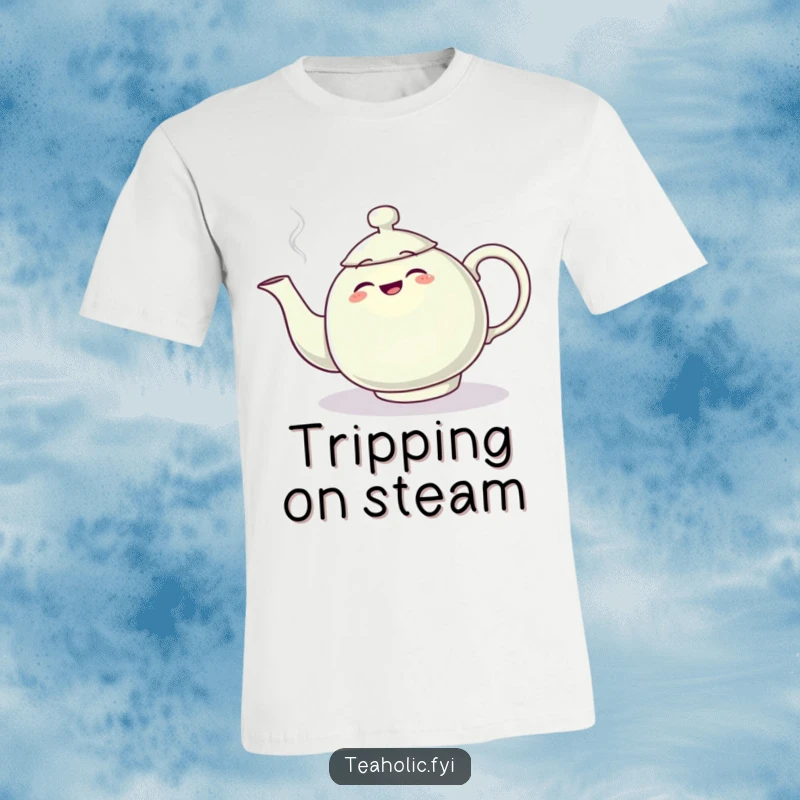 Funny t-shirt featuring a teapot character comically tripping over its own steam plume, looking surprised and a bit wobbly.
