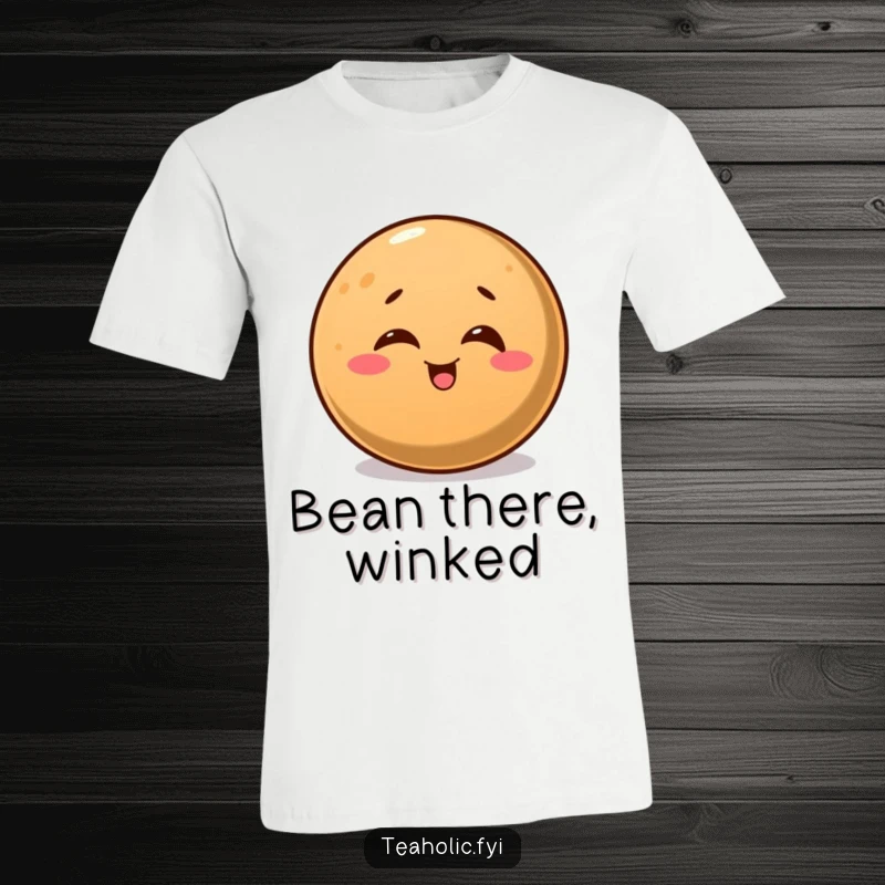 Funny t-shirt graphic of a round coffee bean with a playful wink, embodying morning cheer and coffee delight.
