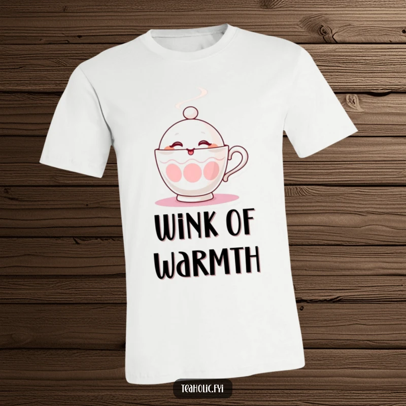 Funny t-shirt depicting a steaming teacup character giving a playful wink, radiating warmth and fun.