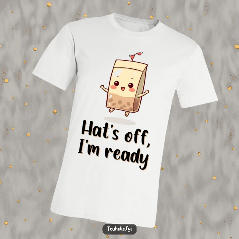 Funny T-Shirt showcasing a lively tea bag character wearing a mini hat, captured mid-bounce with infectious playful energy.