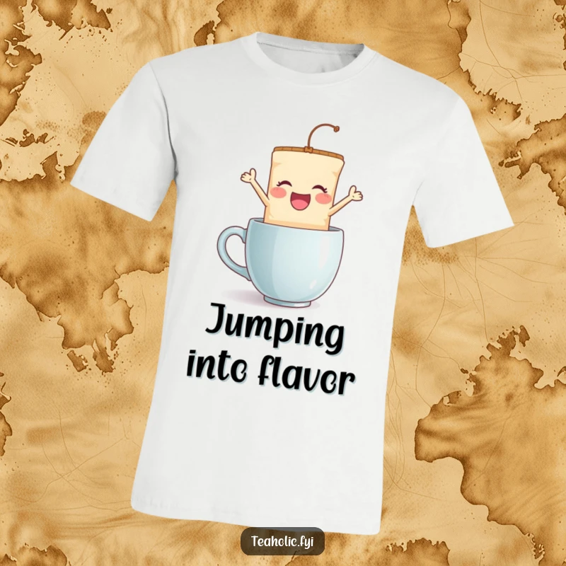 Funny tea bag jump t-shirt, a delighted character joyfully leaping into a mug, designed for tea lovers with a humorous spirit.