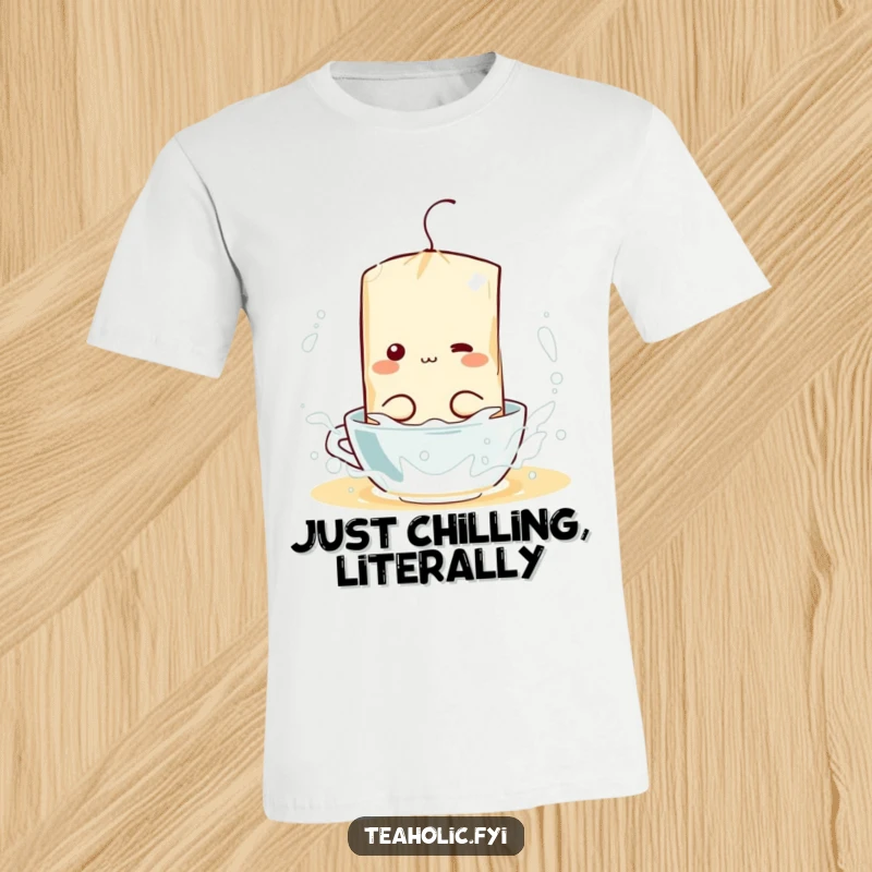 Funny T-shirt displaying a giggling tea bag character energetically splashing and playing in a hot water mug, pure fun.
