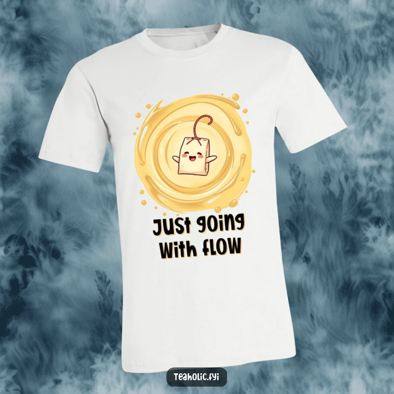 Funny t-shirt with a delighted tea bag character floating contentedly in a swirling vortex of tea, a unique funny gift.