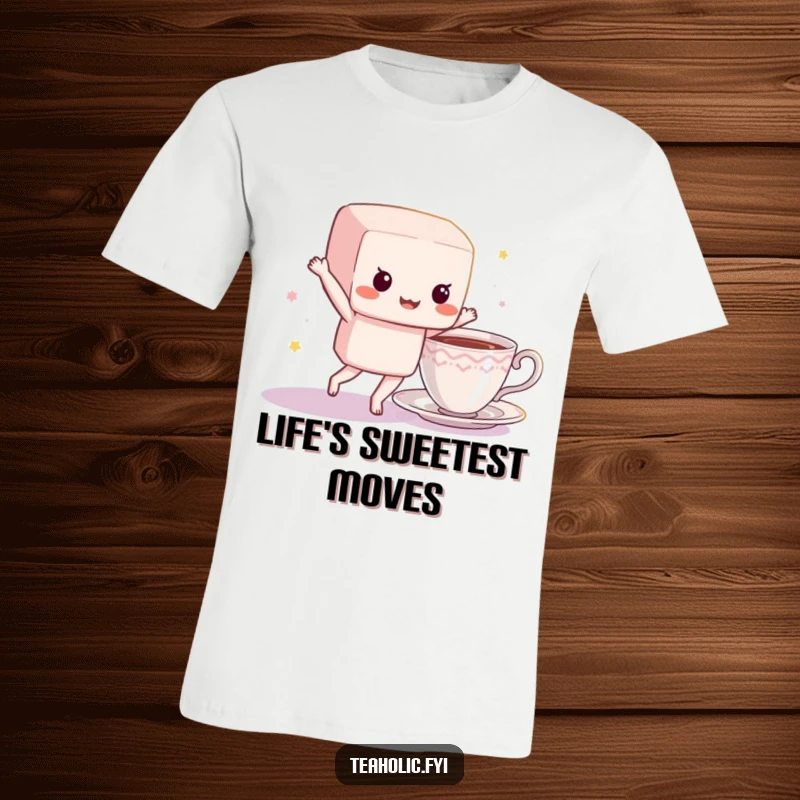 Funny sugar cube t-shirt with a character energetically dancing near a teacup, celebrating sweetness and playful movement.