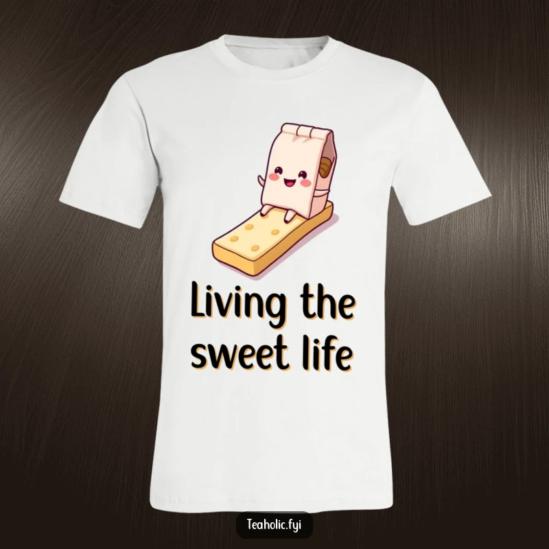 Funny tea bag t-shirt, smiling character on sugary biscuit slide, expressing delight and sweetness, ideal funny gift.