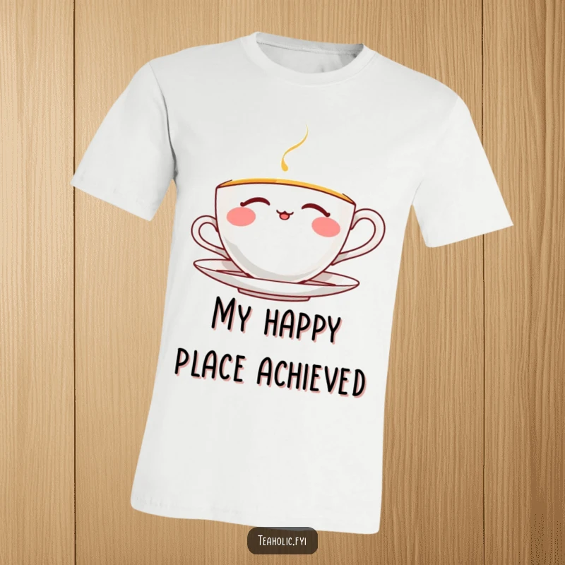 Funny thrilled teacup t-shirt, featuring a joyful character in a state of serene tea sipping with eyes closed, perfect for tea fans.