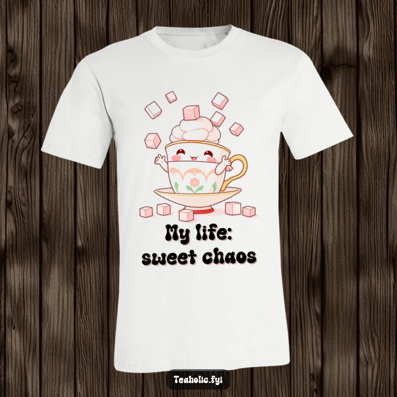 Funny t-shirt depicting a charming teacup character expertly juggling sugar cubes, symbolizing balance and playful sweetness.