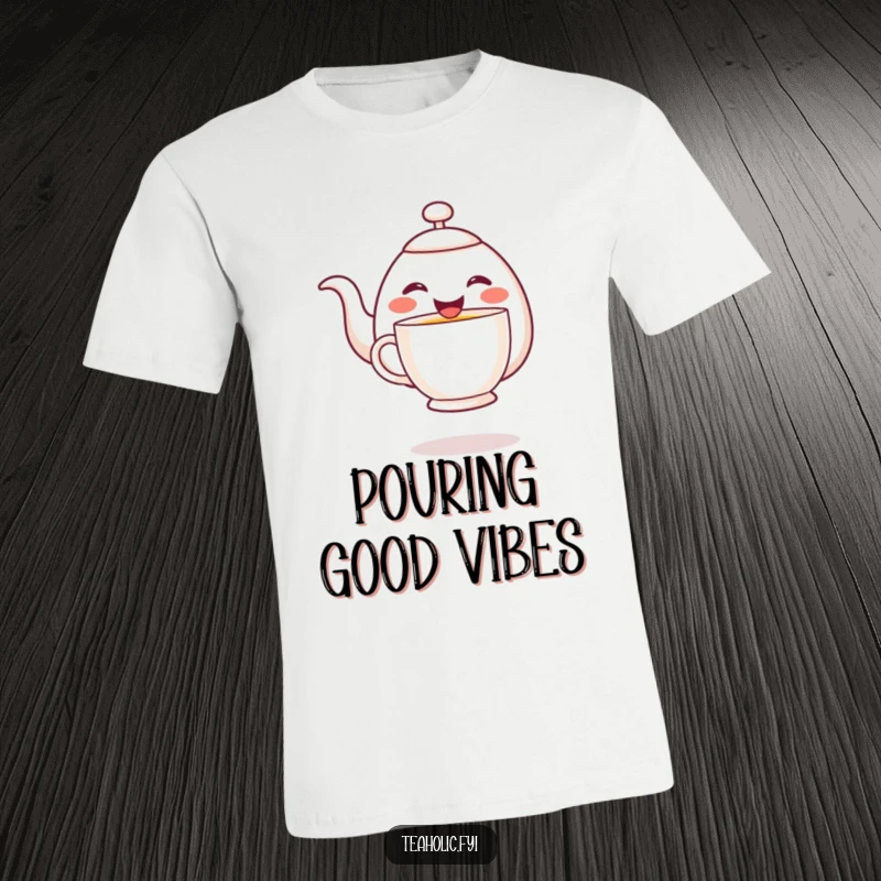 Funny cheerful teapot character joyfully pouring tea into a hovering mug, printed on a comfortable t-shirt.