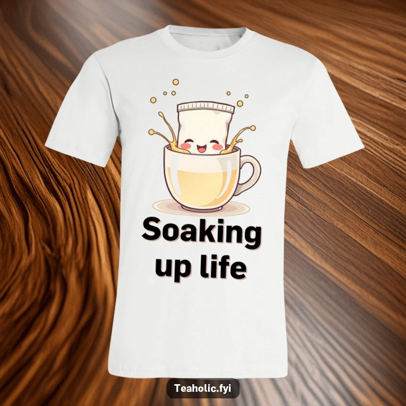 Funny T-Shirt: A happy tea bag character splashing playfully in a steaming mug, joyful and great for gifting.