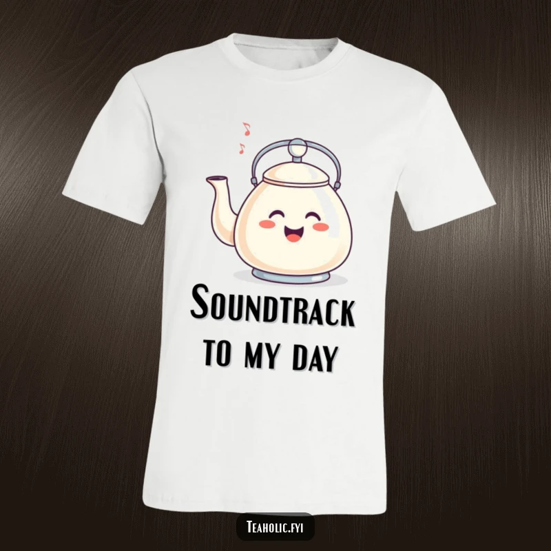 Funny t-shirt showcasing a happy tea kettle whistling a tune, embodying pure joy and musical delight.