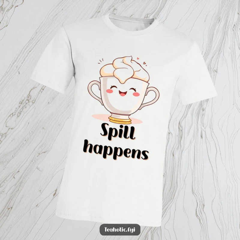 Funny t-shirt showing a gleeful teacup character smiling as it spills frothy tea, capturing cheerful mishaps.