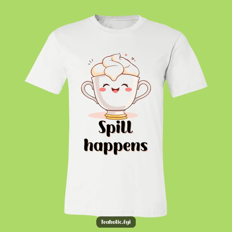 Funny Teacup Spill T-Shirt: Gleeful Character Tee for Messy Fun
