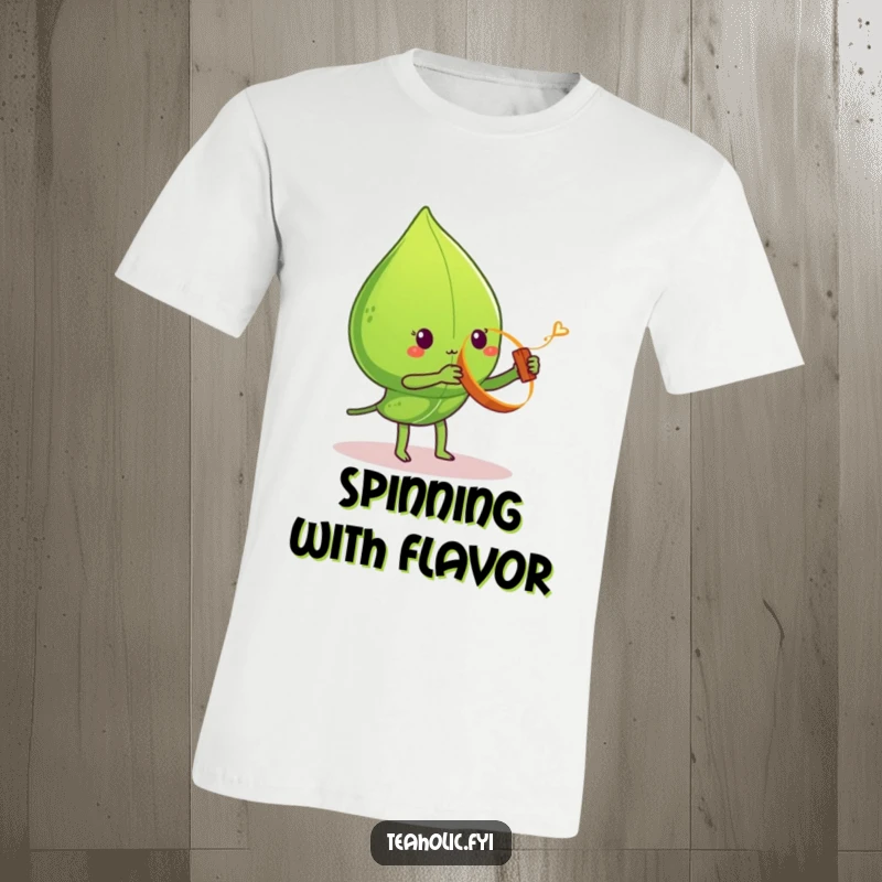 Funny tea leaf t-shirt, character playfully spinning cinnamon stick yo-yo, demonstrating skill and fun, ideal funny gift.