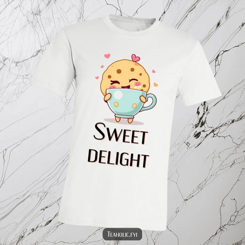 Funny cookie t-shirt showing a cartoon cookie character giving a playful wink, holding a teacup overflowing with vibrant, happy energy.