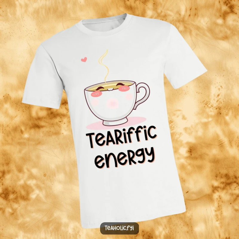 Funny blushing teacup character eagerly sipping from a stream of steaming tea, printed on a comfortable t-shirt.