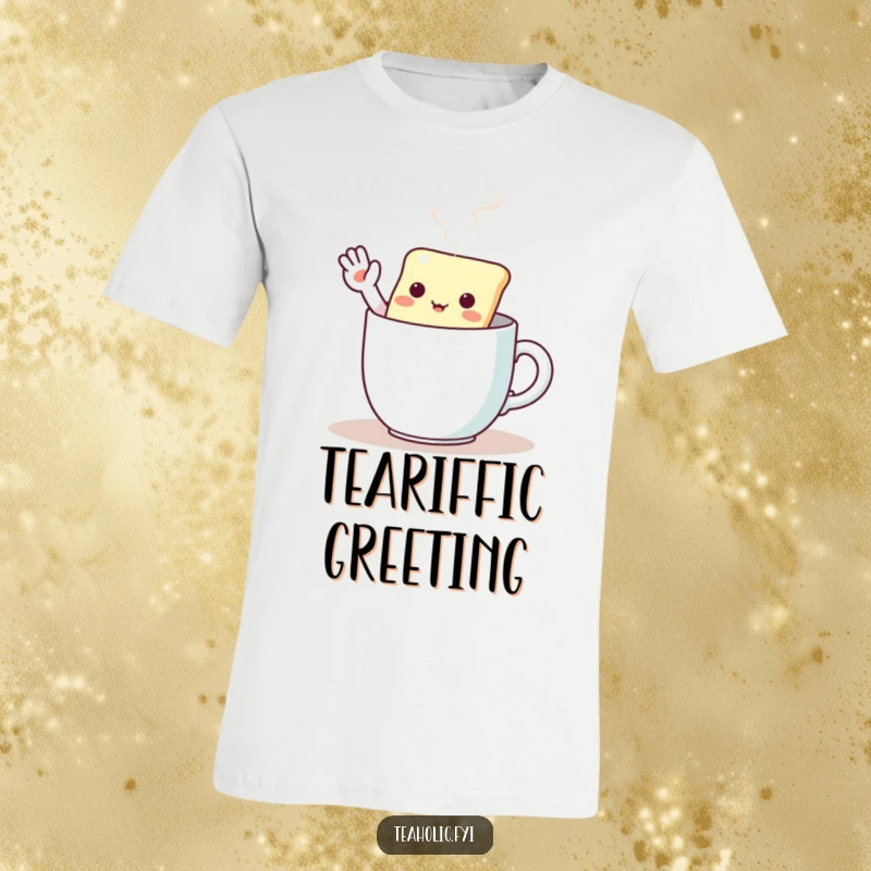 Funny t-shirt depicting a kawaii tea bag character waving enthusiastically from a steaming mug of tea.
