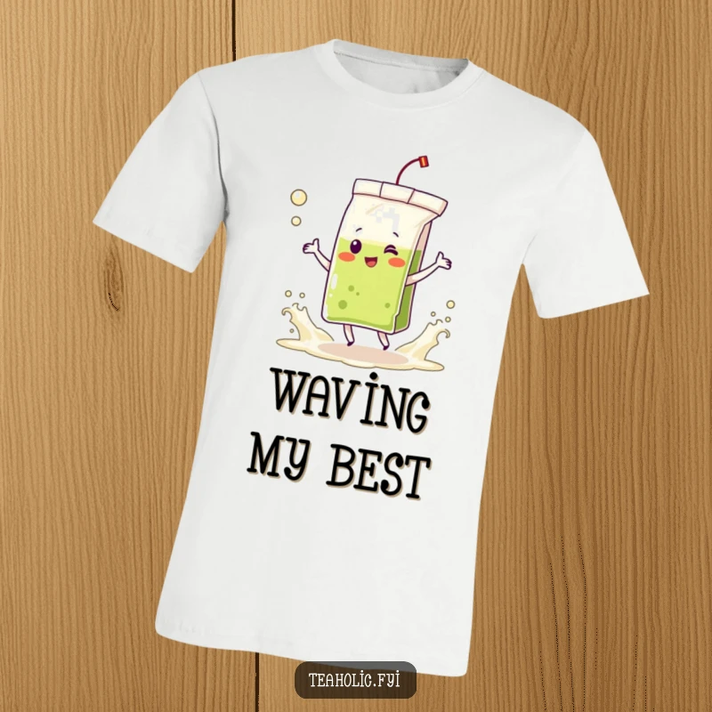 Funny t-shirt depicting a happy tea bag character energetically dancing surrounded by frothing tea waves, radiating pure delight.