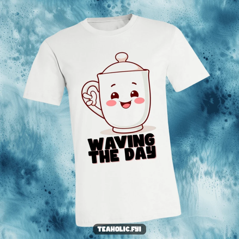 Funny t-shirt with a smiling mug character waving with its handle, a cheerful funny gift.