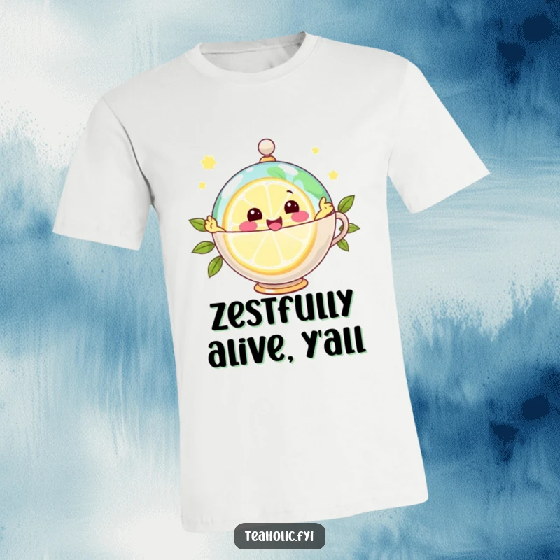 Funny t-shirt with a joyful lemon slice character zipping around a teacup globe, representing zest and energetic adventure.