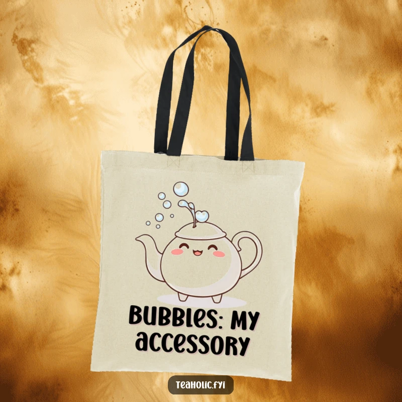 Funny Tote Bag: A teapot character comically dousing itself with a stream of bubbles, a practical and humorous accessory.