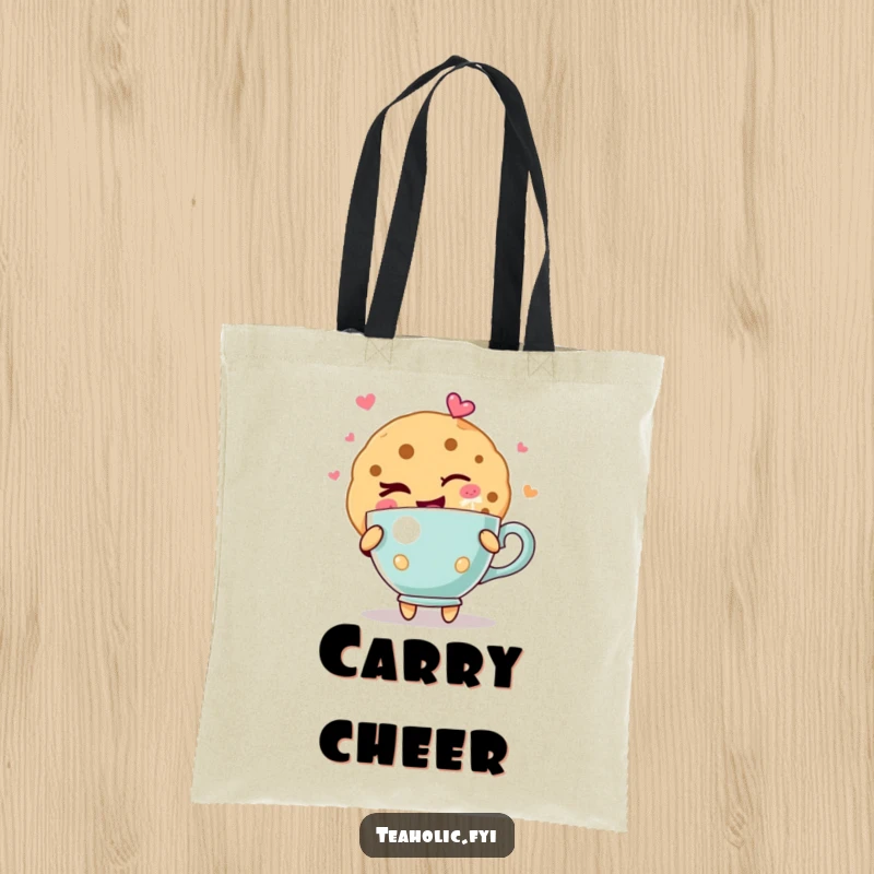Funny cookie tote bag depicting a cookie character giving a cheeky wink, holding a teacup overflowing with expressive joy and delight.