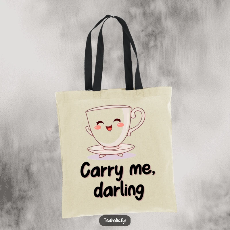 Funny tote bag with a cheerful teacup character dancing a lively jig on its saucer feet.