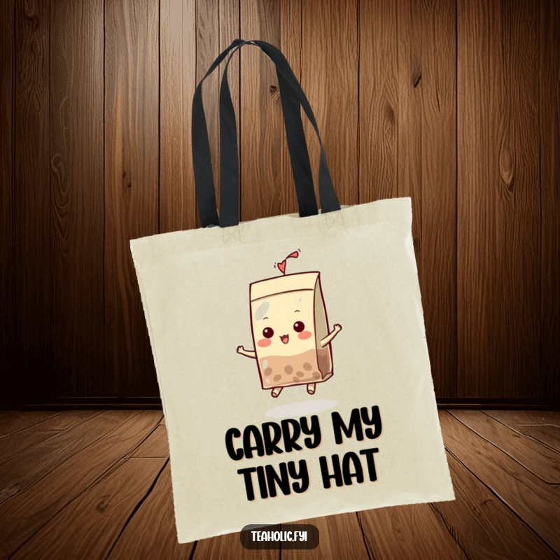 Funny Tote Bag featuring an energetic tea bag character in a cute hat, playfully bouncing across the canvas with a cheerful expression.