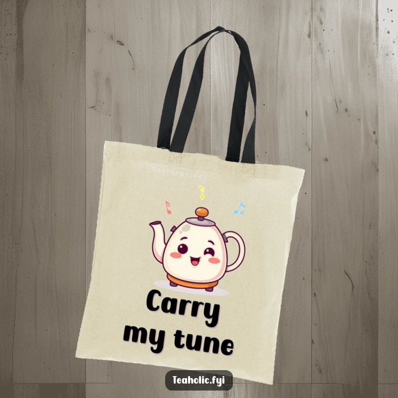 Funny tote bag with a smiling kettle character whistling a cheerful tune, perfect for carrying items with musical flair.
