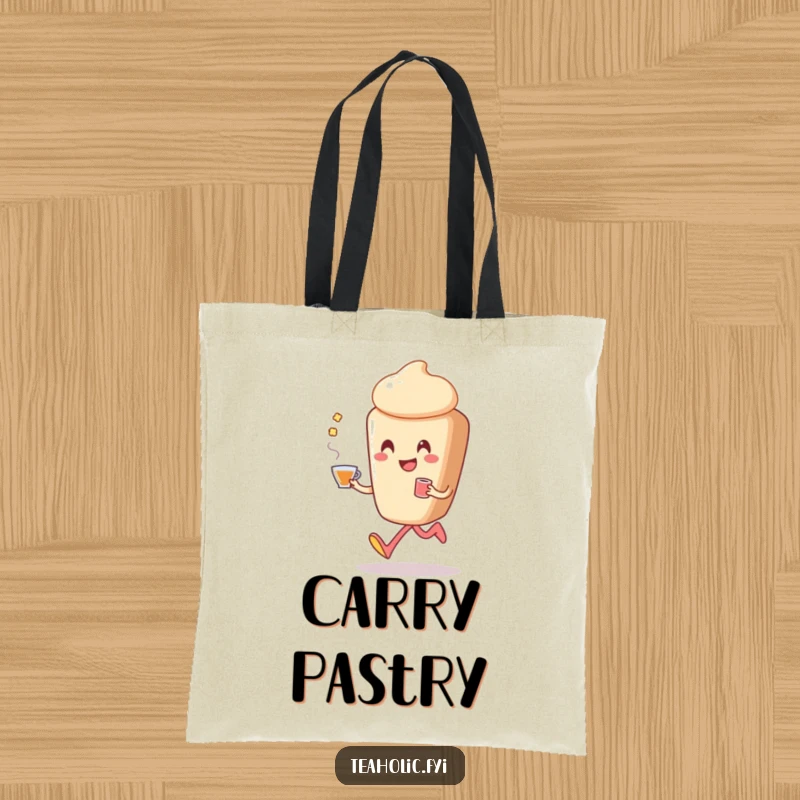 Funny pastry tote bag depicting a smiling pastry character happily skipping, holding a cup of tea with pure, unadulterated delight.