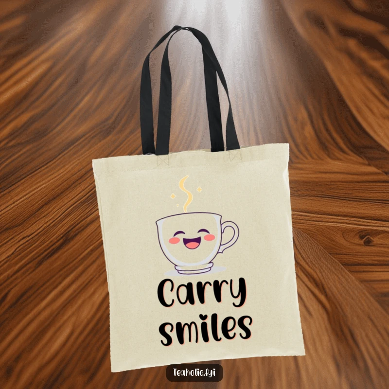 Funny teacup tote bag depicting a giggling teacup character with steam rising to form a universally recognized smiley face.