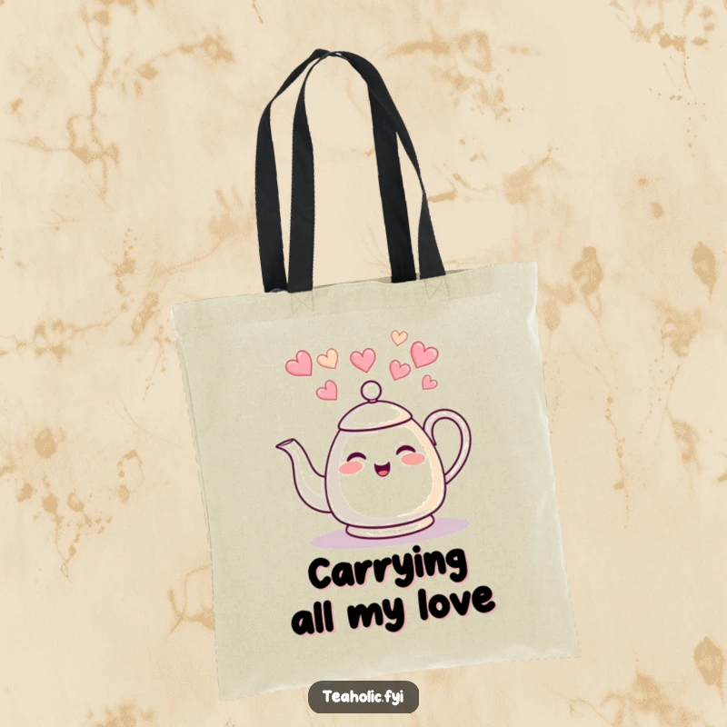 Funny tea kettle tote bag, giggling character, charming heart steam, excellent funny gift for shopping trips.