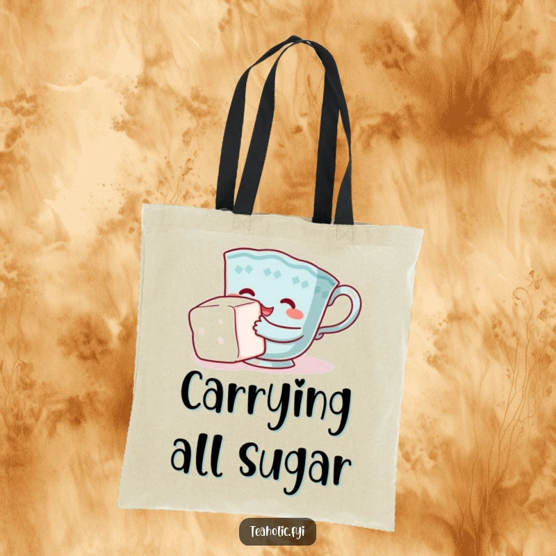 Funny teacup tote bag, character comically hugging sugar cube, convenient and endearing, excellent funny gift.
