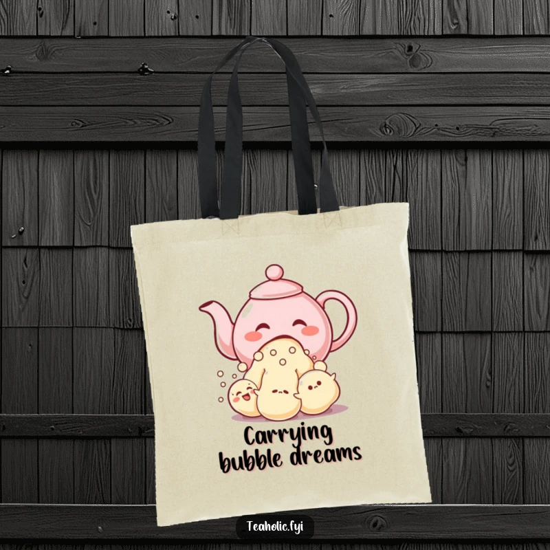 Funny tote bag with a giggling teapot character pouring a stream of bubble-like characters, great for daily use.