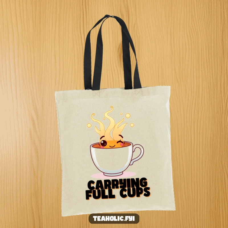 Funny tote bag with a happy tea cup character overflowing with steaming, cheerful tea, great for daily use.