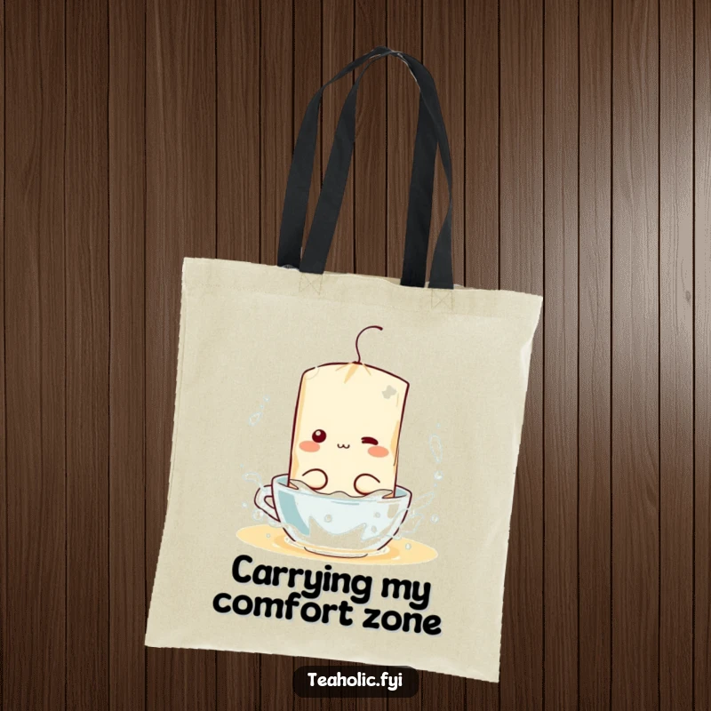 Funny tote bag illustrated with a tea bag character exuberantly splashing in a cup of hot water, a delightful accessory.
