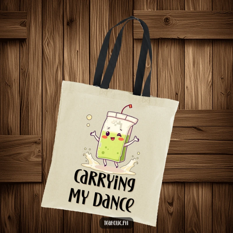 Funny tote bag with a delighted tea bag character dancing in frothing tea waves, a whimsical and practical accessory for tea lovers.