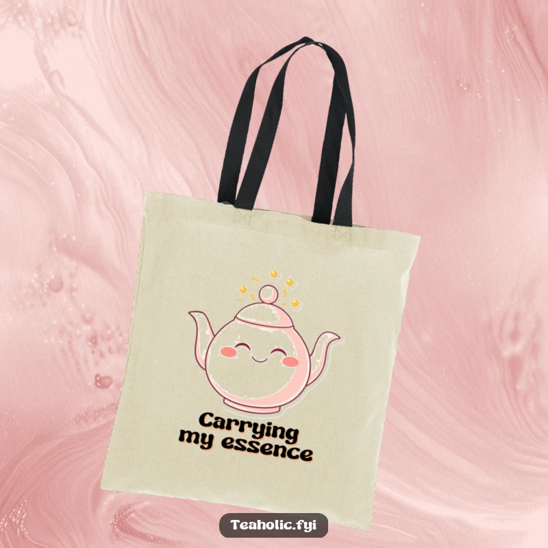 Funny tote bag featuring a smiling teapot overflowing with joy, perfect for carrying daily necessities with a dash of happiness.