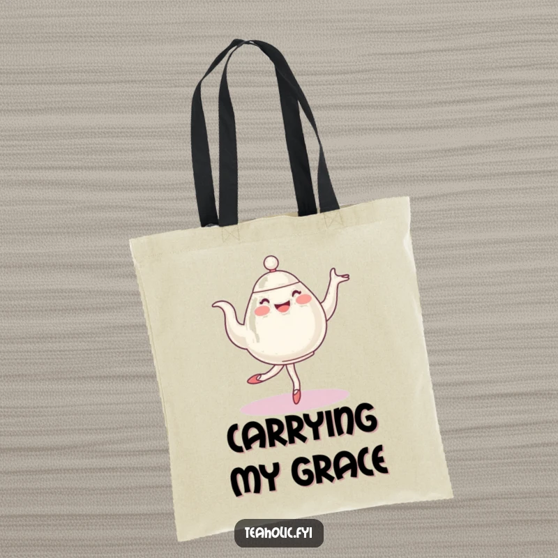Funny ballet teapot tote bag, a cheerful character executing a graceful pirouette, perfect for carrying books or groceries with humor.