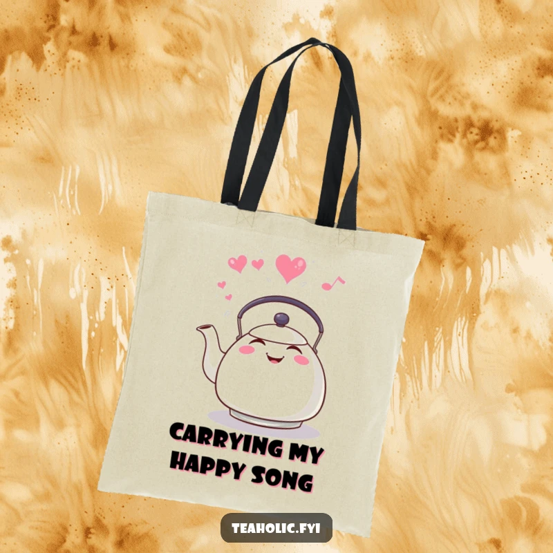 Funny tea kettle whistling with heart steam design on a tote bag, symbolizing cheerful errands and cozy moments.
