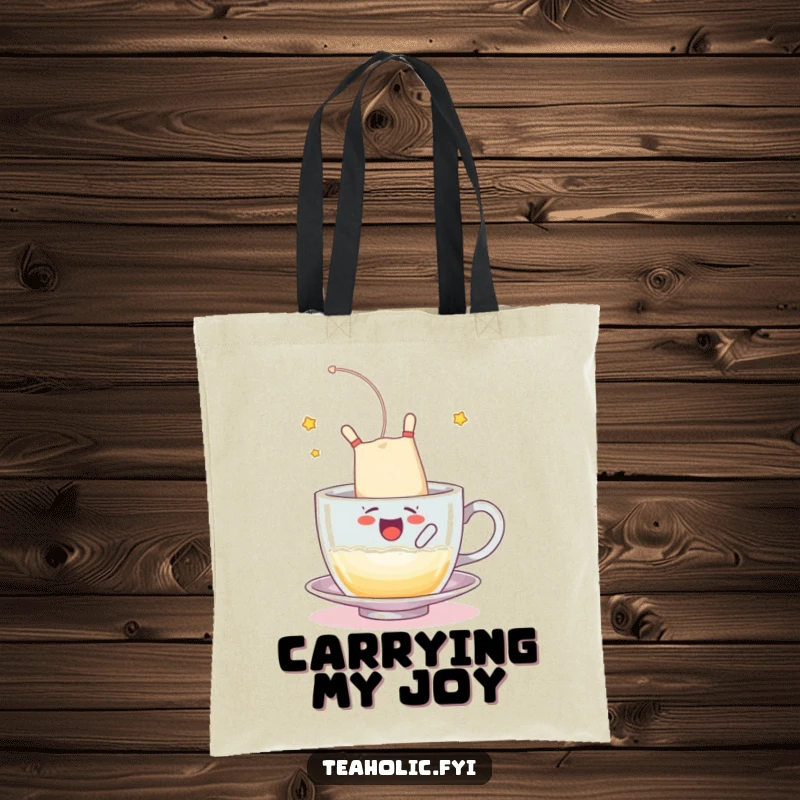 Funny tote bag with a tea bag character somersaulting into a frothy cup, a dynamic funny gift.