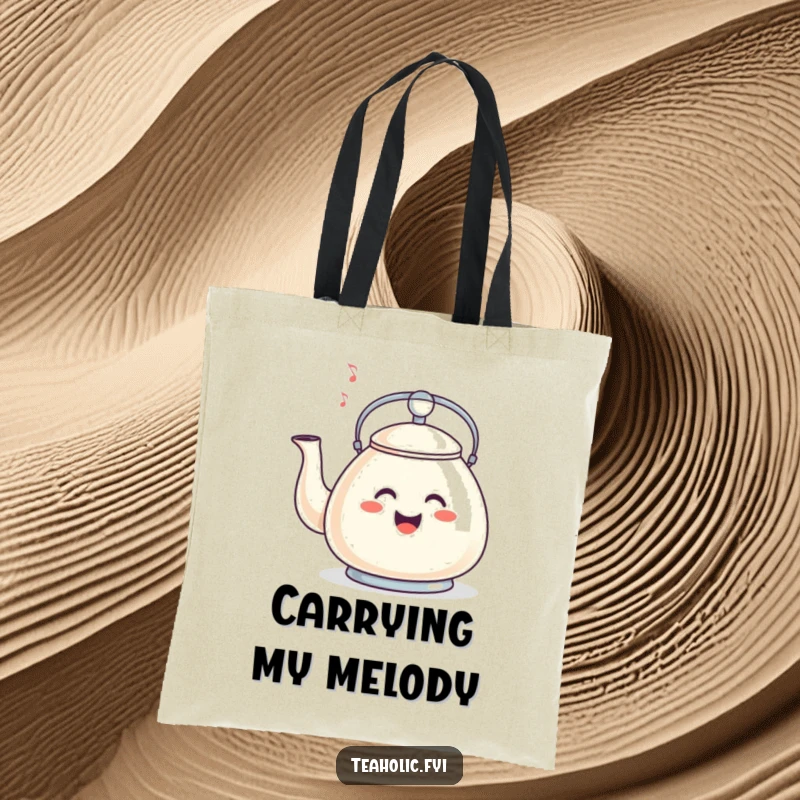 Funny tote bag with a tea kettle whistling a happy tune, perfect for carrying essentials with a smile.