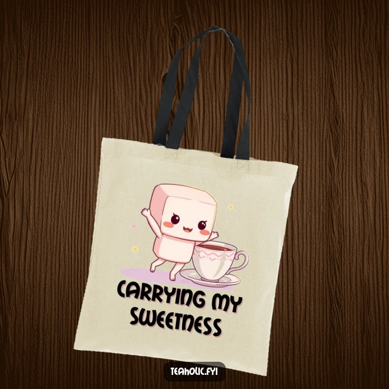 Funny sugar cube tote bag with a character dancing energetically near a teacup, perfect for carrying essentials with a sweet, playful vibe.