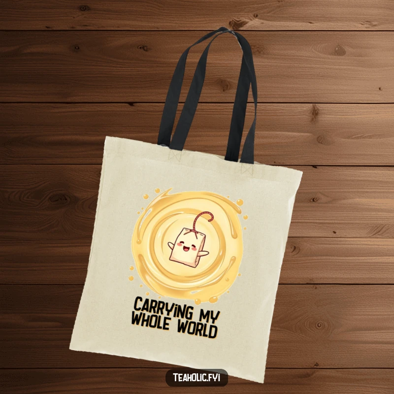 Funny tote bag with a delighted tea bag character enjoying a swirling vortex of tea, perfect for a funny gift.