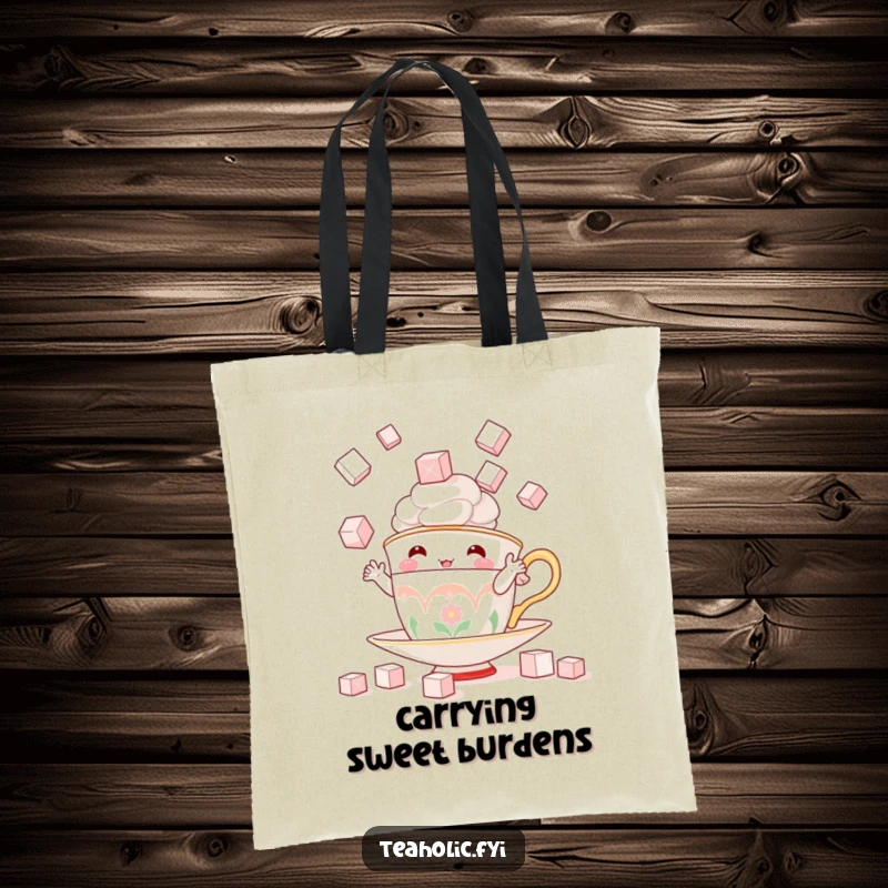 Funny tote bag with a playful teacup character juggling sugar cubes, perfect for carrying daily items with a sweet touch.
