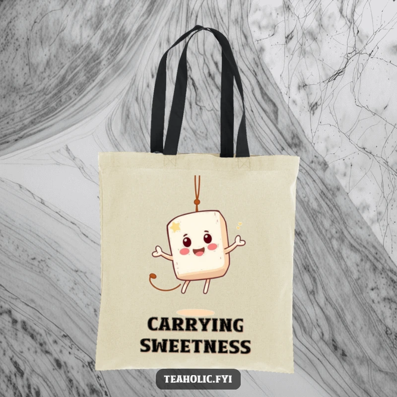 Funny tote bag with a jovial sugar cube character captured mid-bounce on a tea bag string, perfect for cheerful errands.